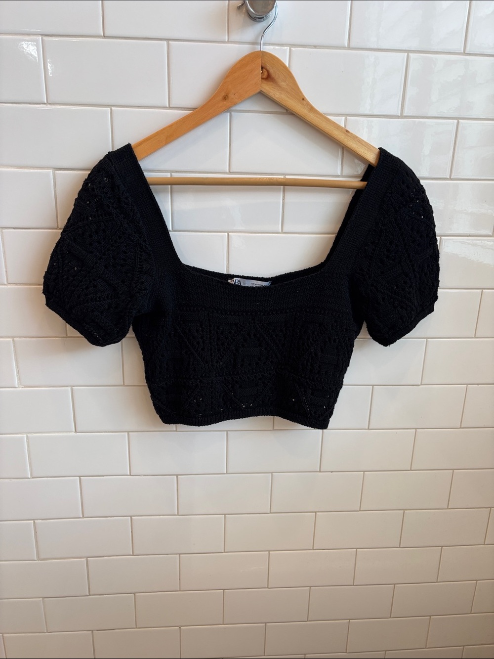Zara Black Crochet Puff-Sleeve Crop Top
